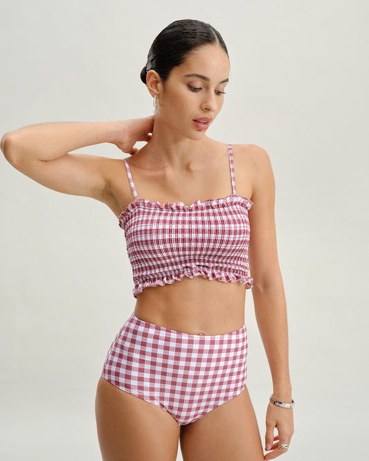 Kırmızı Ekose Bandeau Bikini Takımı