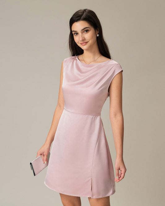 Pembe Tekne Yaka Saten Mini Elbise