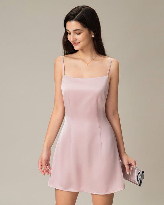 Pembe Kare Yaka Saten Mini Elbise