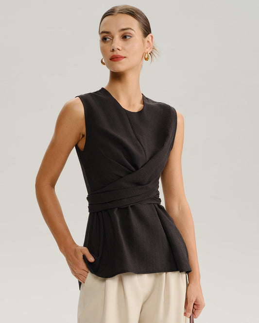 Siyah Yuvarlak Yakalı Sarma Tank Top