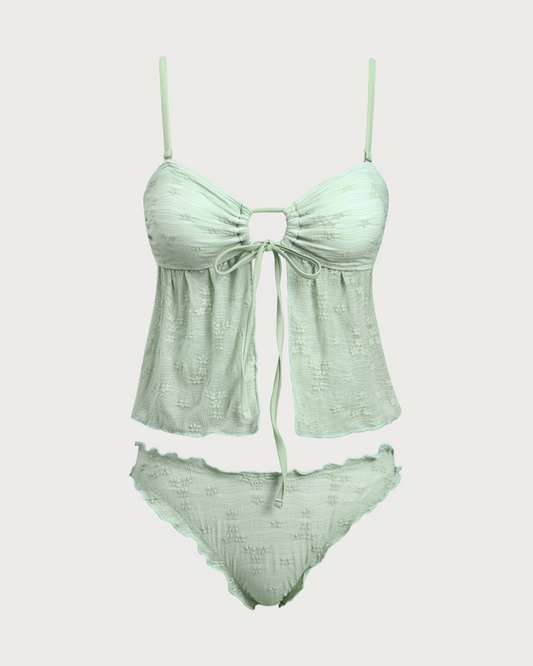 Yeşil Örme Kesikli Önden Bağcıklı Tankini Mayo