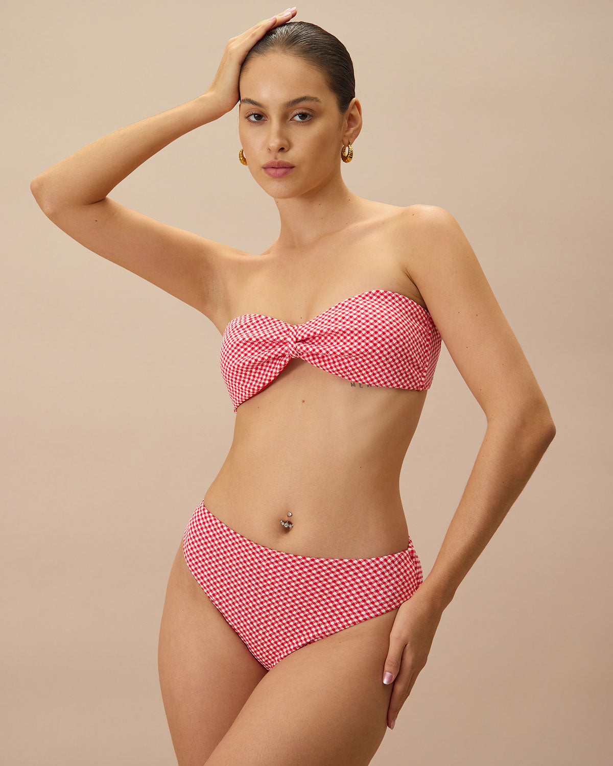 Kırmızı Ekoseli Büzgülü Bikini Üstü