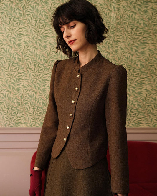Solid Retro Tek Düğmeli Tweed Ceket
