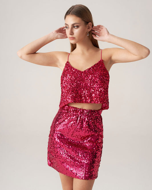 Bettydress-Kırmızı Payetli Düz Mini Etek