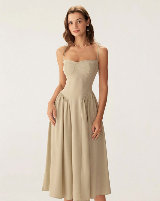Haki Kare Yaka Cepli Slip Midi Elbise