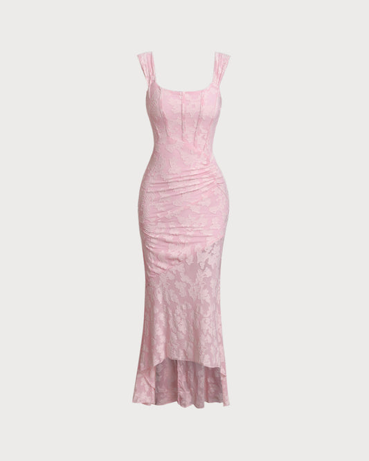 Pembe Jakarlı Vücuda Oturan Slip Uzun Elbise