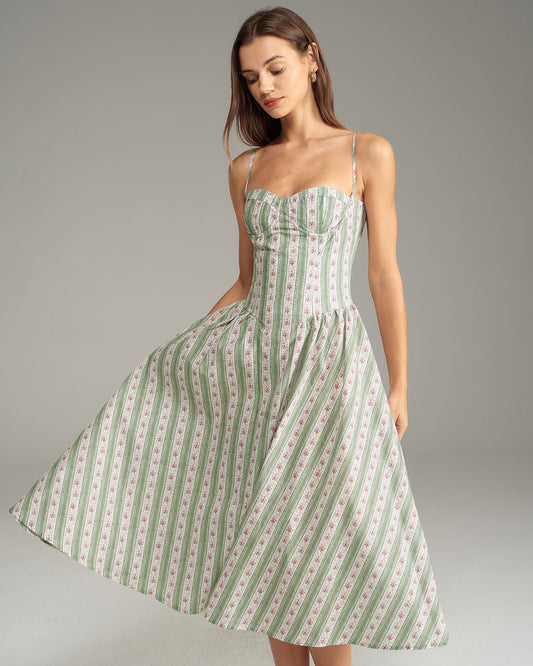 Yeşil Çizgili Slip Midi Elbise