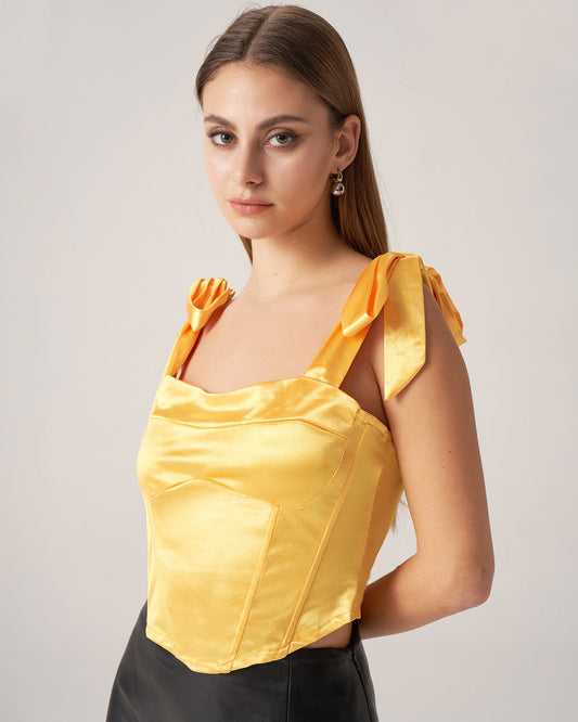 Bettydress-Sarı Saten Bağcıklı Askılı Atlet